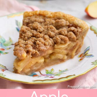 Pinterest graphic of an apple crumble pie on a porcelain plate.