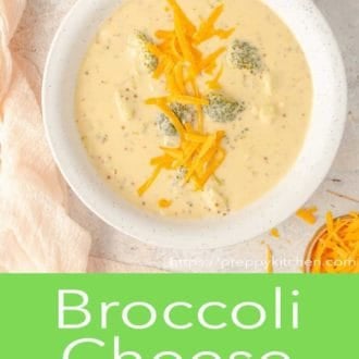 Pinterest graphic of an overhead view of broccoli cheese soup in a bowl.