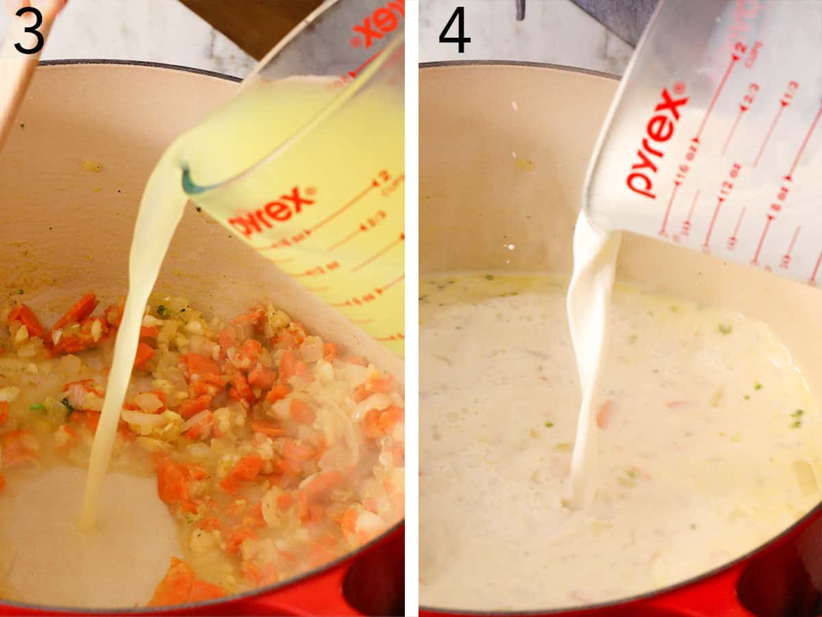 Set of two photos showing broth and half and half added to a pot.