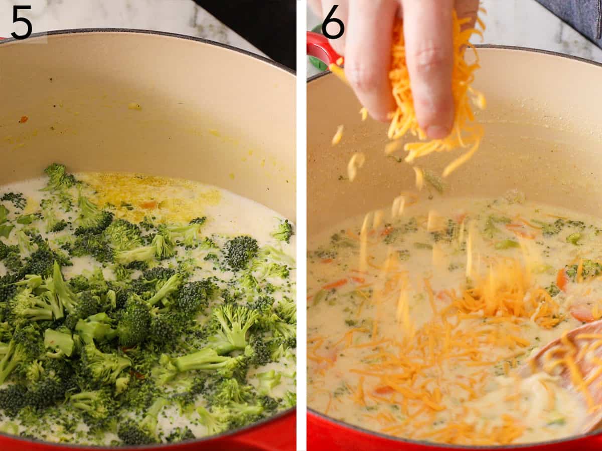 Set of two photos showing broccoli and cheese getting added to a soup base.