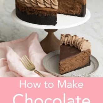 chocolate cheesecake on a cake stand