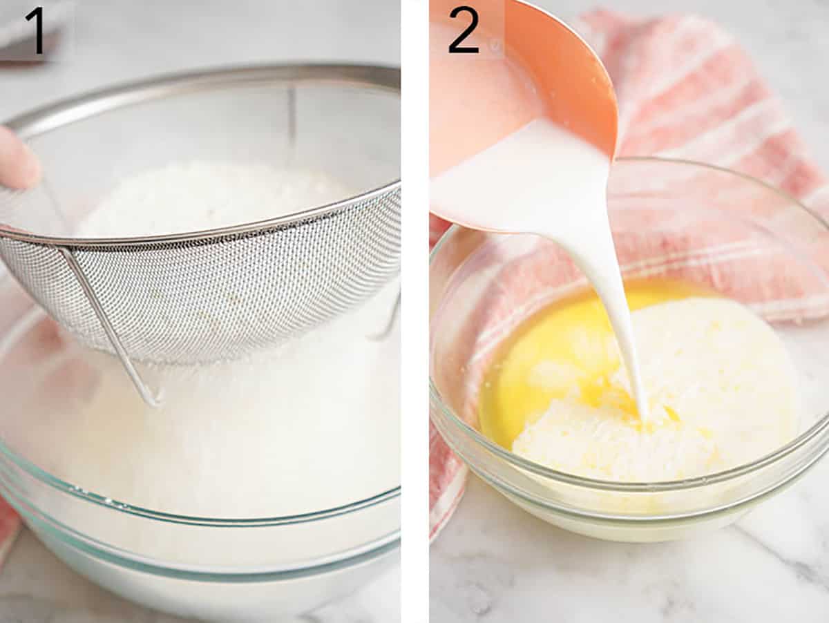 Wet and dry ingredients for chocolate chip muffin batter getting mixed in separate bowls.