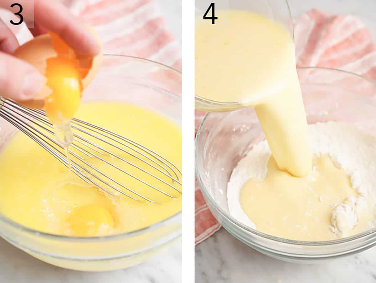 Wet ingredients getting poured into dry to make chocolate chip muffin batter.