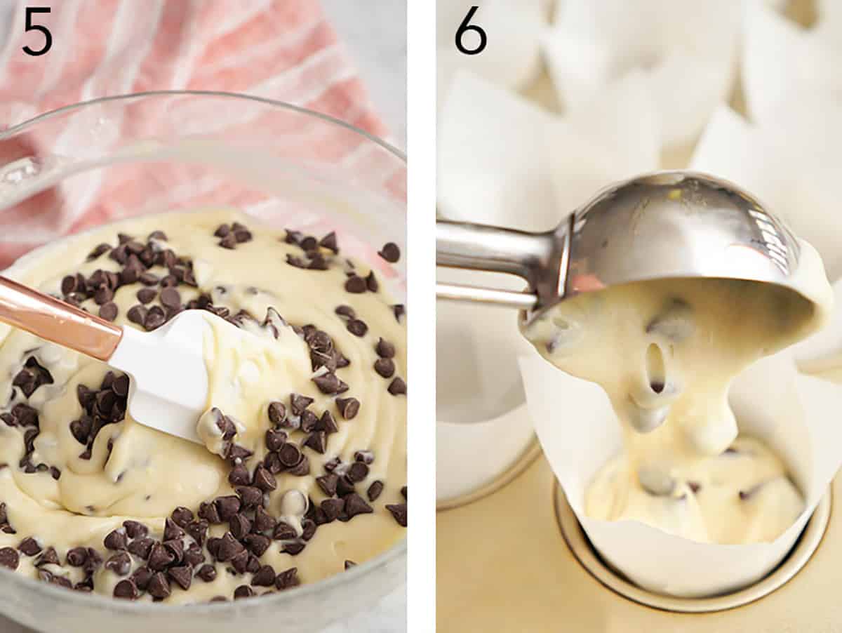 Chocolate chips getting folded into batter for chocolate chip muffins.