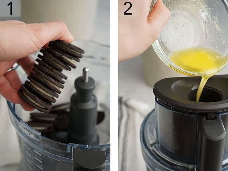 A chocolate cookie crust getting made in a food processor.
