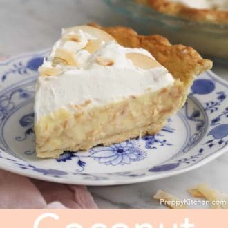 Pinterest graphic of a slice of coconut cream pie on a blue and white plate.