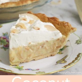Pinterest graphic of a piece of coconut cream pie on a plate.