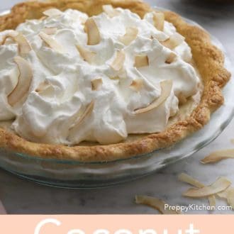 Pinterest graphic of coconut cream pie in a glass pie dish with coconut shavings scattered around.