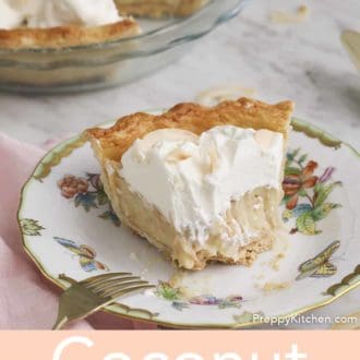 Pinterest graphic of a slice of easy coconut cream pie with a forkful taken out.
