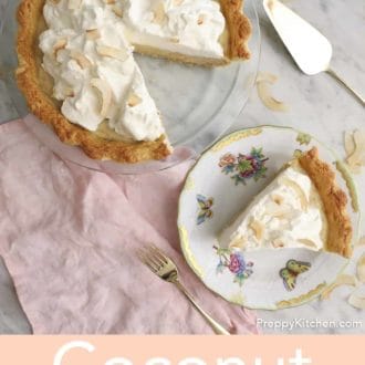 Pinterest graphic of an overhead shot of a slice of coconut cream pie on a plate next to the rest of the pie in the pie dish.
