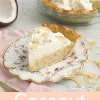Pinterest graphic of a slice of coconut cream pie on a plate with the rest of the pie in the background.