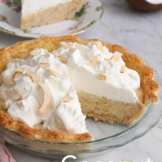 Pinterest graphic of coconut cream pie in a glass pie dish.