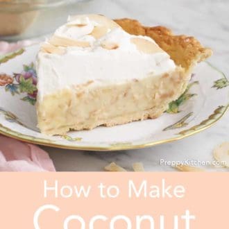 Pinterest graphic of a piece of coconut pie on a plate.