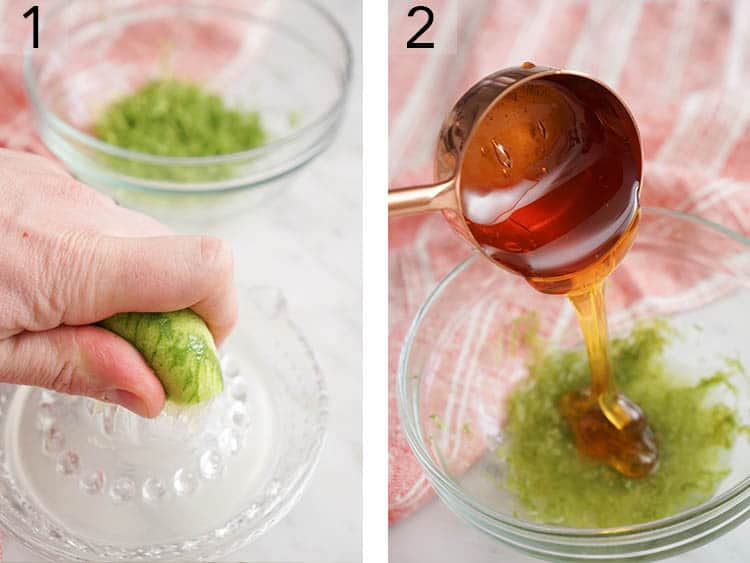 Fruit Salad dressing being made with honey and lime juice.