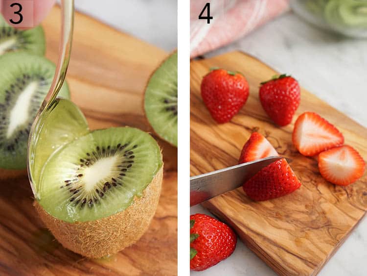 Kiwis and strawberries getting cut for a fruit salad.