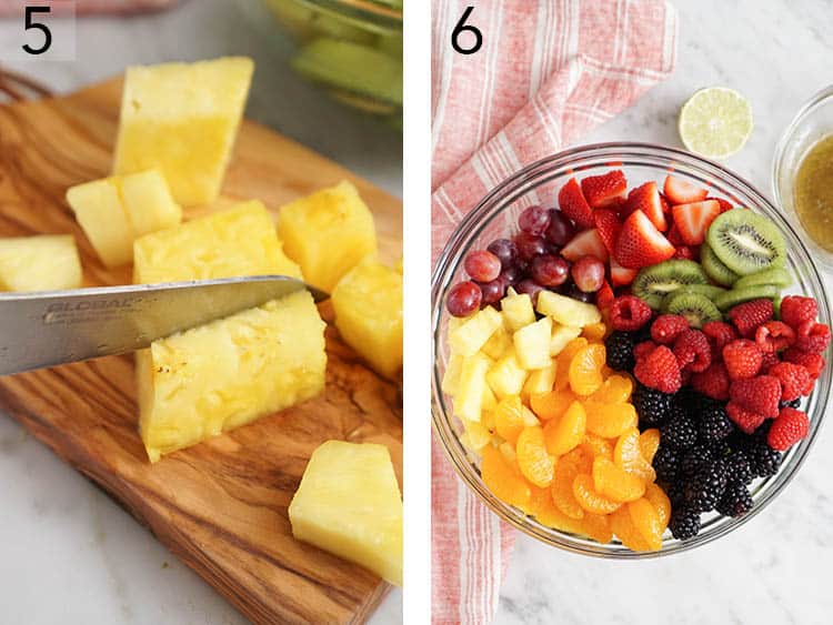 Pnappple piece being cut for a colorful, delicious fruit salad.