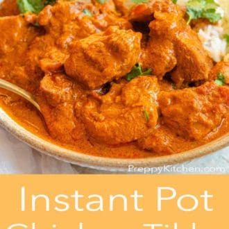 Pinterest graphic of a close view of Instant Pot chicken tikka masala with a spoon. cilantro on top and some rice beside the chicken.