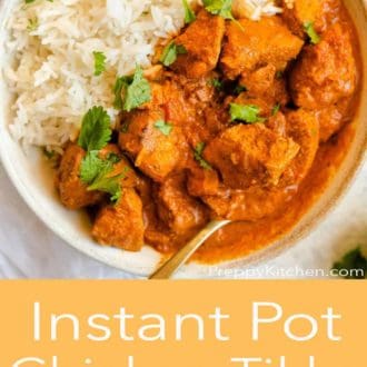 Pinterest graphic of a close view of a bowl of Instant Pot chicken tikka masala with rice, cilantro, and lime wedge.
