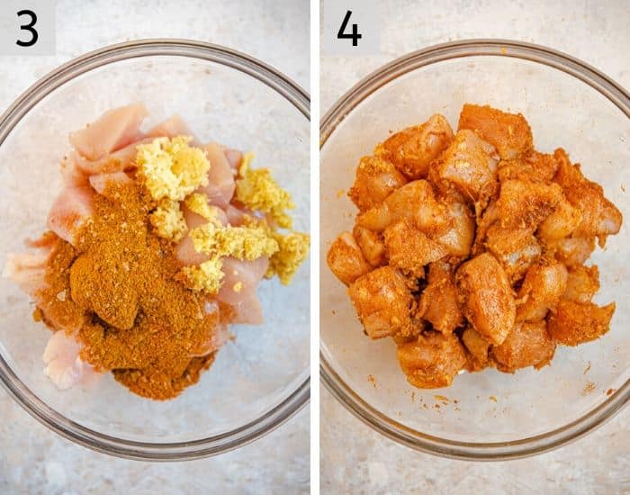 Two photos showing how to marinate chicken to make chicken tikka masala