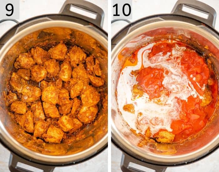 Two photos showing how to make chicken curry in the instant pot