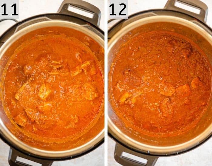 Two photos showing before and after cooking chicken tikka masala in the instant pot