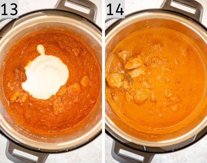 Two photos showing chicken tikka masala cooked in the instant pot