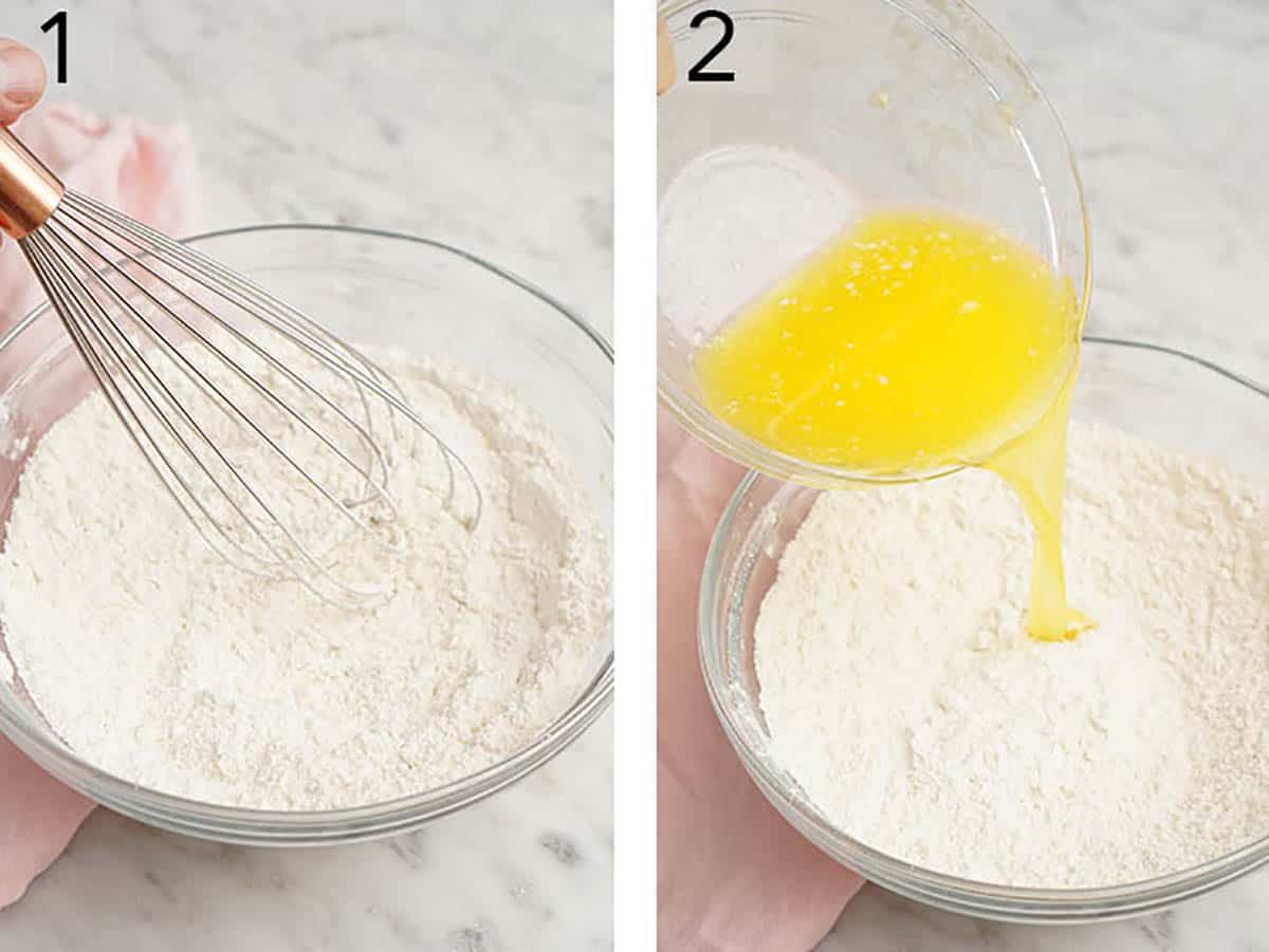 Flour, sugar and melted butter being mixed together for a shortbread crust.