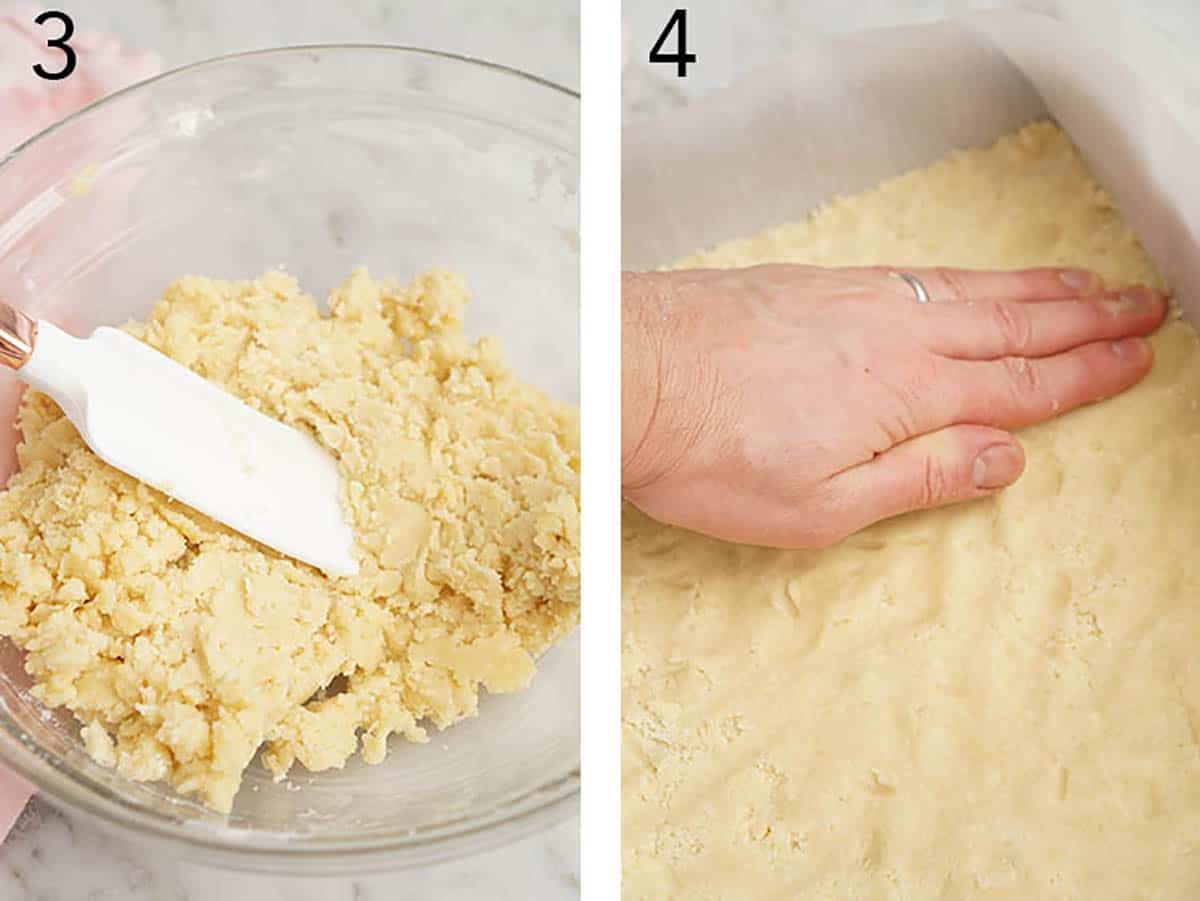 Shortbread crust getting patted into a baking dish.