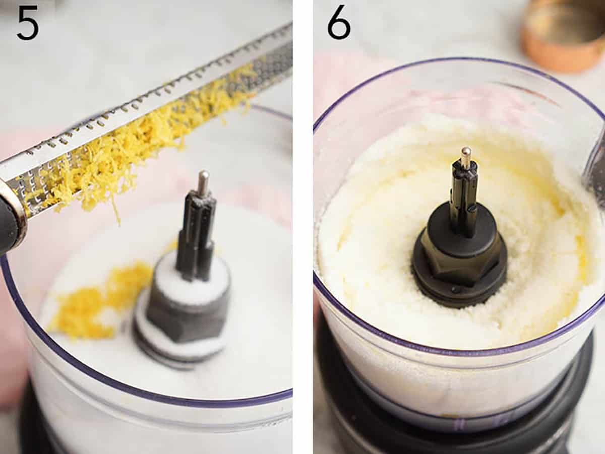Lemon zest being grated into a food processor then pulsed to make lemon sugar.