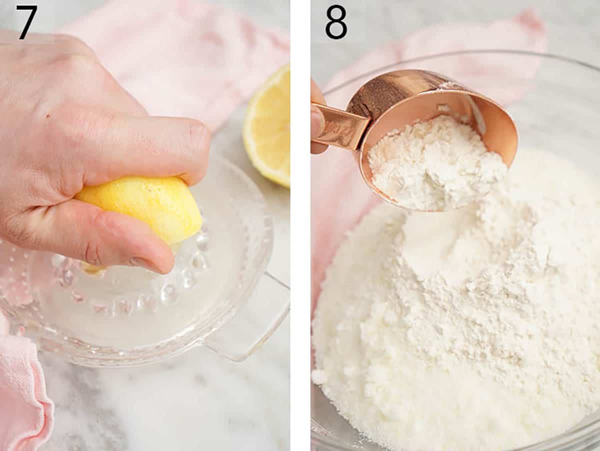 Lemon juice for lemon bars getting squeezed.