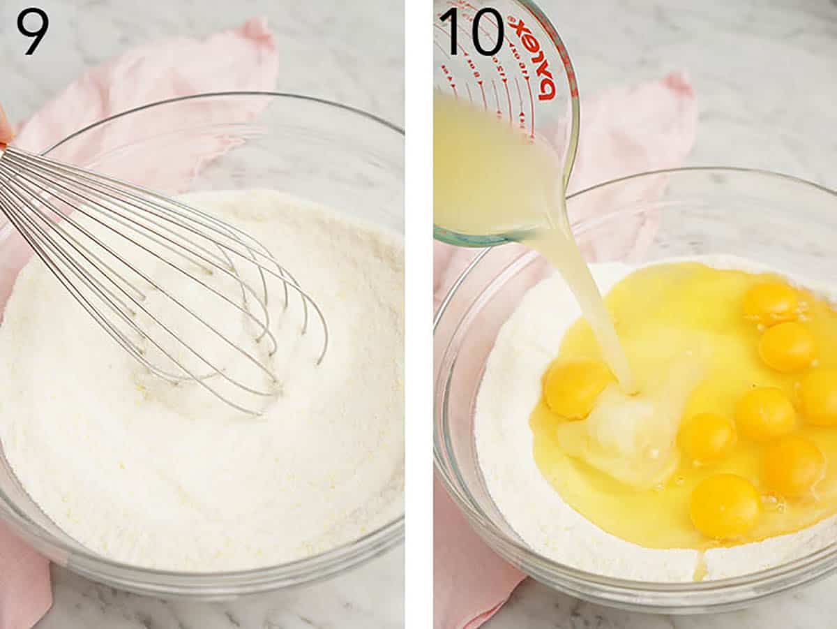 Lemon bar filling getting made in a large bowl with lemon juice and eggs.