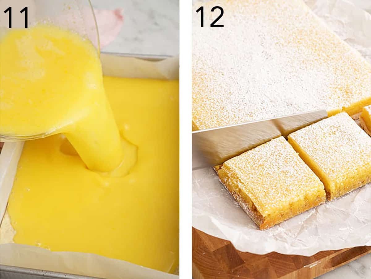 Lemon filling getting poured into a baked shortbread crust. Then getting cut after baking