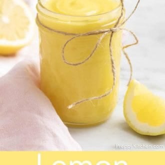 Pinterest graphic of lemon curd in a glass jar.