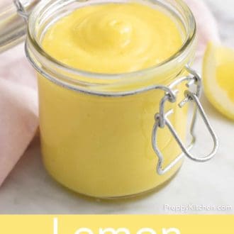 Pinterest graphic of lemon curd in a glass jar.