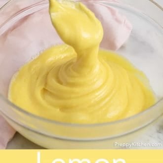 Pinterest graphic of lemon curd in a glass bowl.