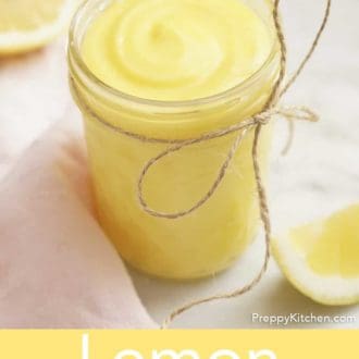 Pinterest graphic of lemon curd in a glass jar with twine wrapped in a bow around it.