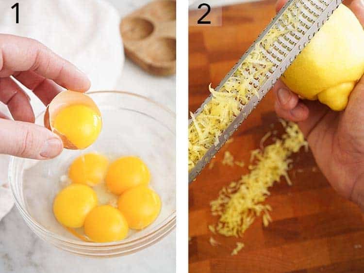 Lemons zested and yolks separated out for lemon curd.