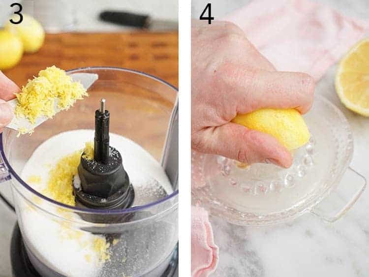 Lemon zest added to food processor, and lemons juiced.