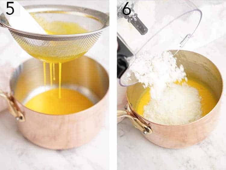 Yolks strained into a copper pot and sugar poured in.