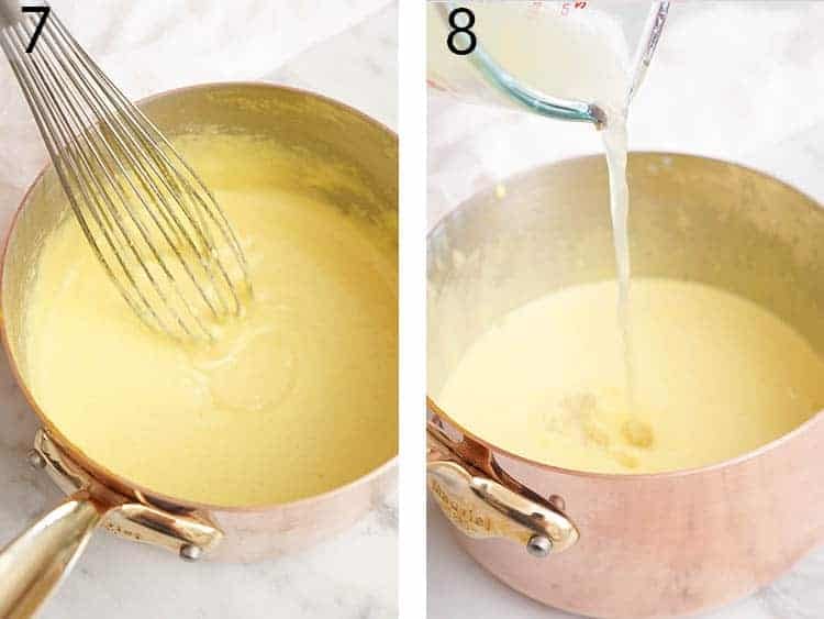 Lemon juice whisked into a mixture of yolks and sugar.