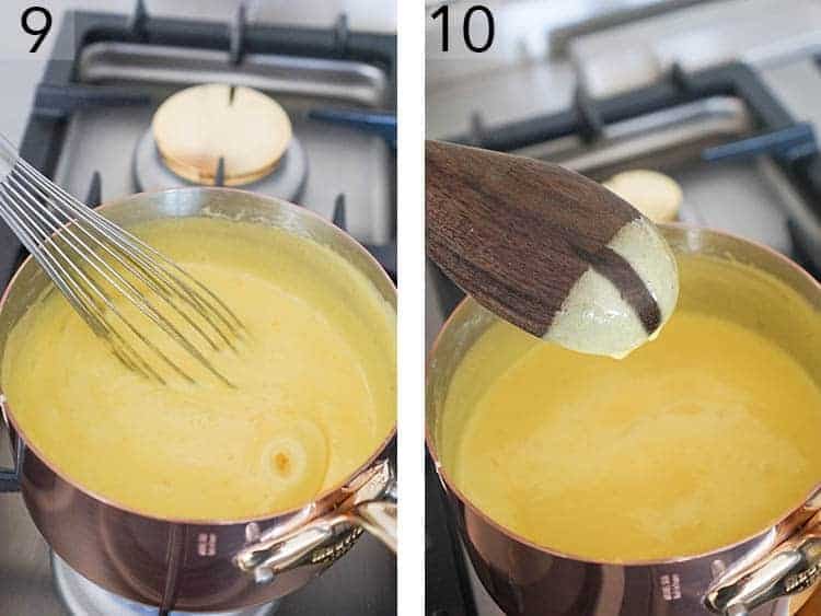 Lemon curd stirred on heat until the back of a wooden spoon is coated.