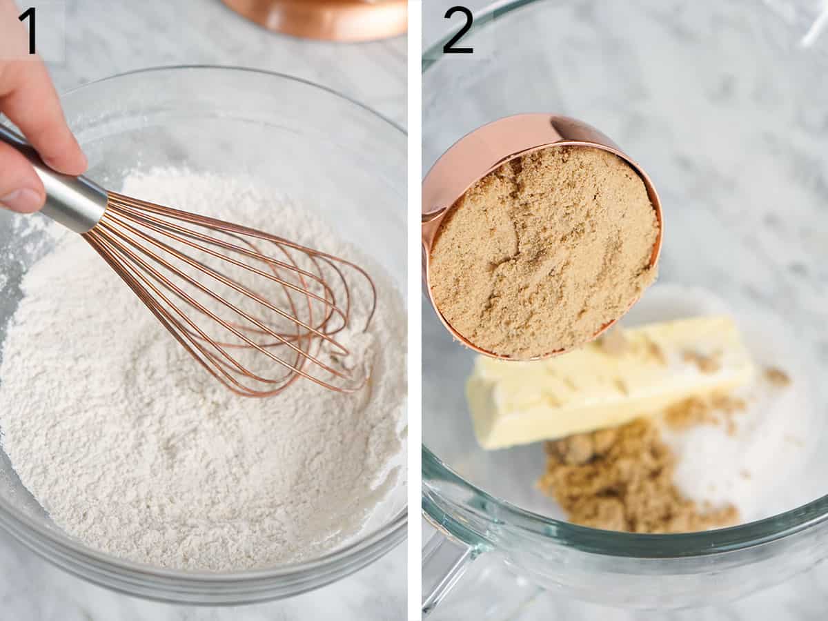 Two photos showing dry and wet ingredients being whisked together and brown sugar being added to butter.