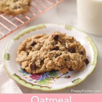 Several Oatmeal Chocolate Chip Cookies next to a glass of milk.