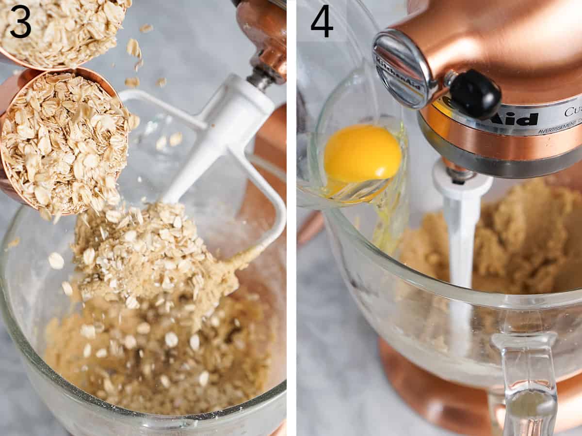Two photos showing an egg being added to the butter mixture and oats going into the batter
