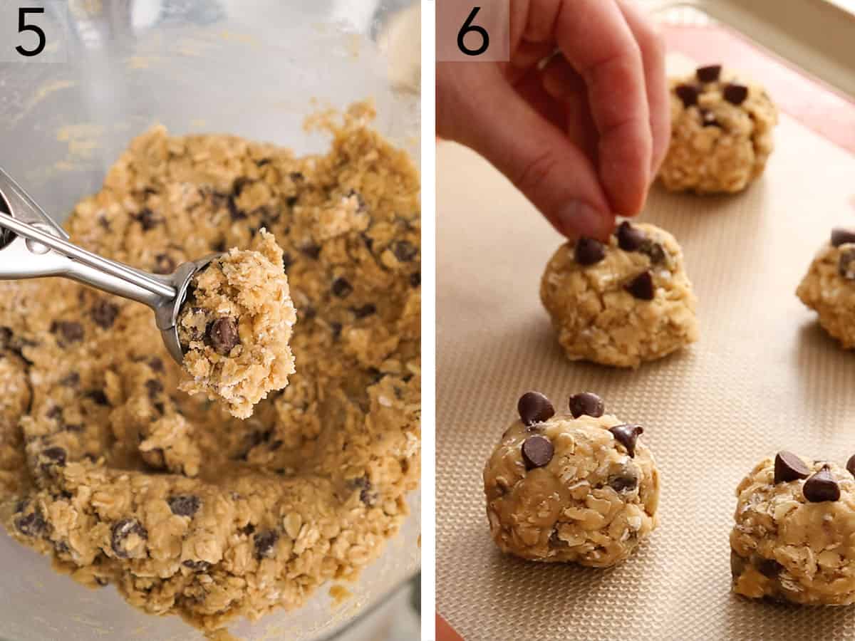 Two photos showing cookie dough being scooped and then placed on a cookie sheet.