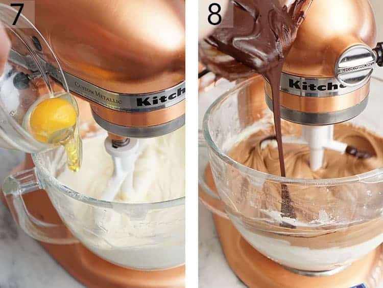 Eggs and chocolate getting added to a mixer with cream cheese and sugar for chocolate cheesecake batter.