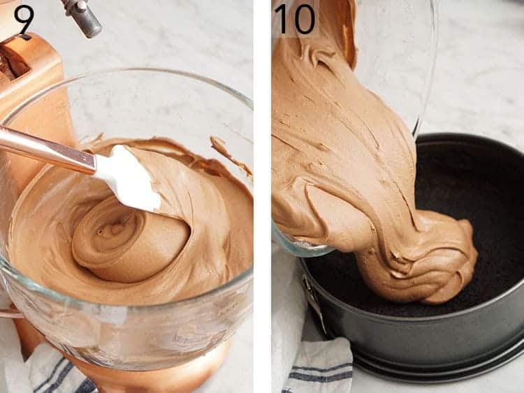 Chocolate cheesecake batter getting poured into a springform pan.