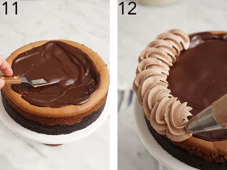 Chocolae cheesecake getting topped with ganache and whipped cream.