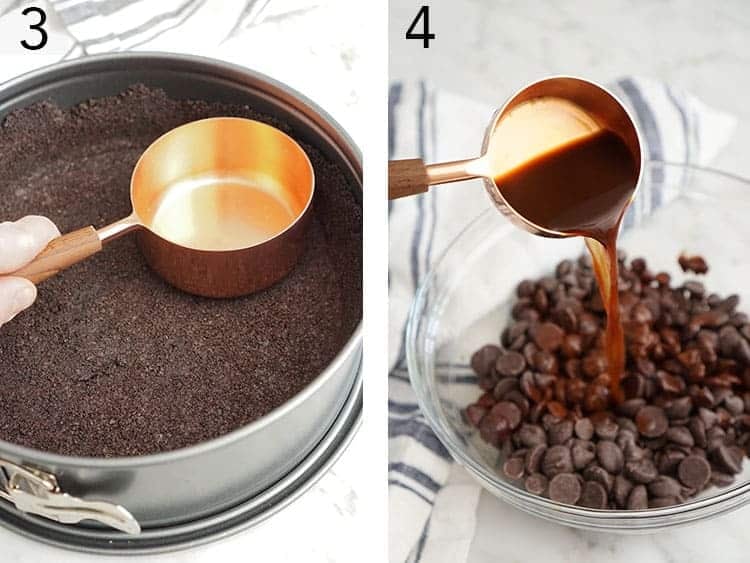 Chocolate ganache gettingmade with chocolate chips and hot coffee.