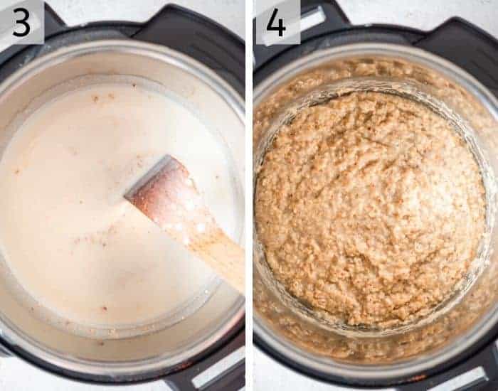 Two photos showing how to cook instant pot steel cut oats
